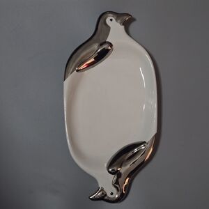 Dept 56 Penguin Ceramic Appetizer Serving Plate Silver Chrome White 13X6 Holiday